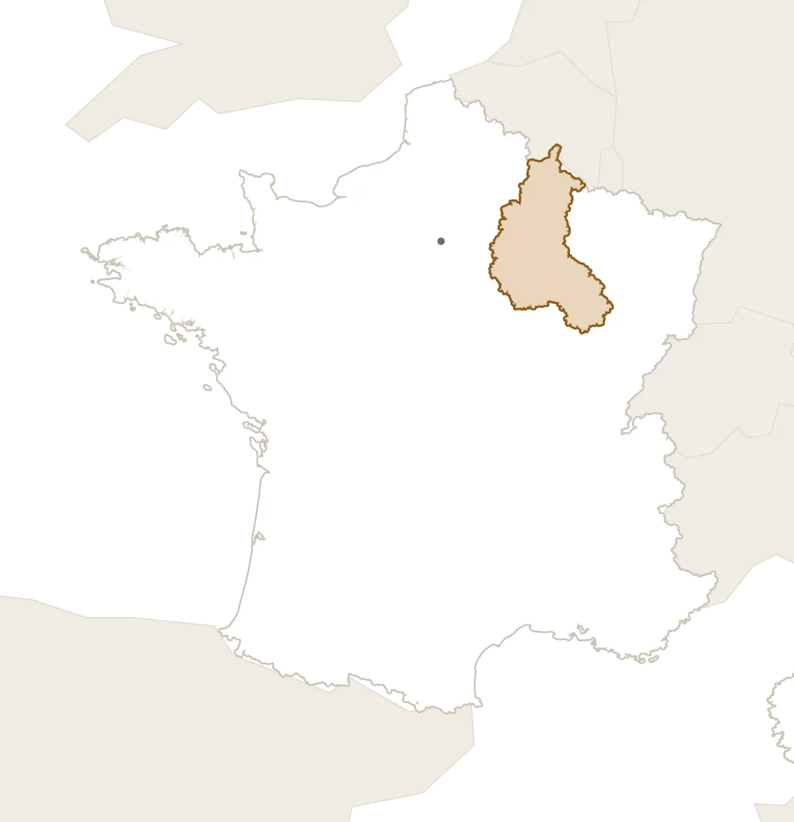 Map of France with the Champagne region outlined north-east of Paris