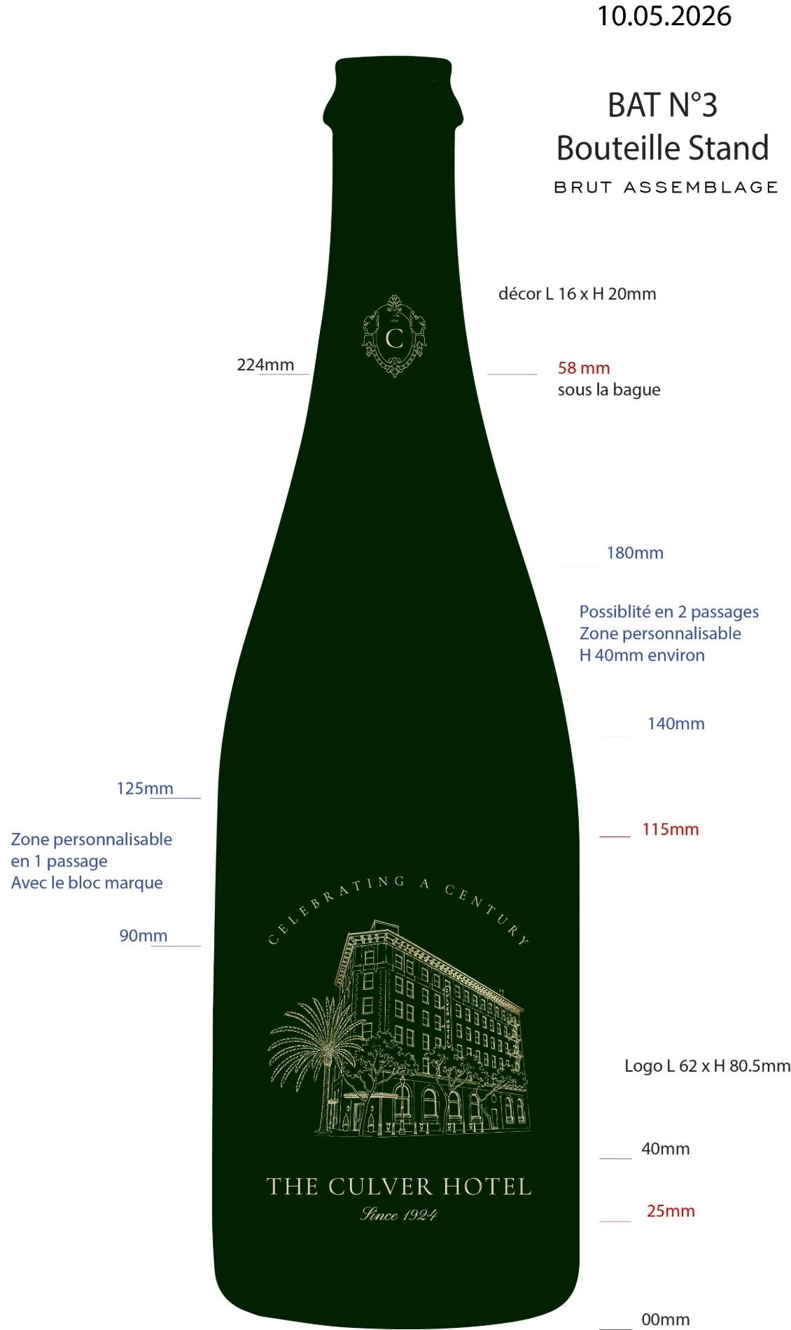 Engraving proof for The Culver Hotel, the whole bottle drawn with every personalisation zone dimensioned in millimetres