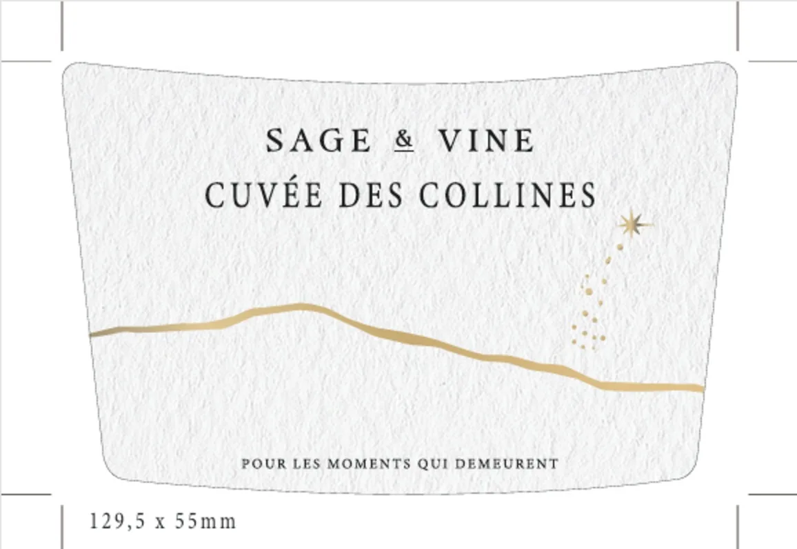 Label proof for Sage & Vine, Cuvée des Collines, shown flat with crop marks and its finished size